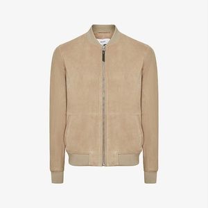 NWT $735 Reiss Dilan Men's Suede Zip Through Bomber Jacket in Stone Sz M